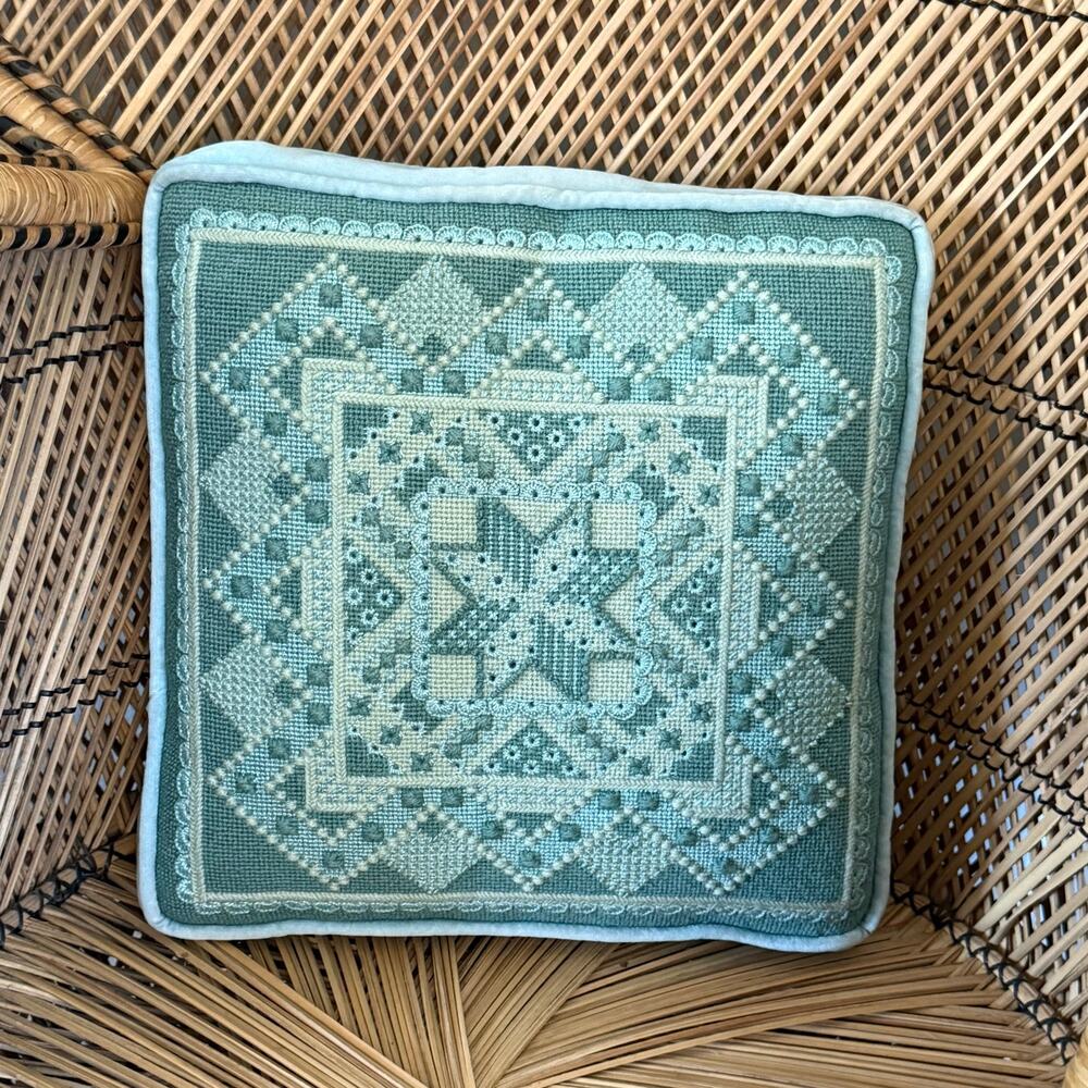 Vintage Hardanger Embroidery pillow blue decorative pillow 13x13 in